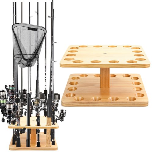 okkoCoin Fishing Rod Holders for Garage,Floor Stand Holds up to 16 Rods Wood Fishing Gear Equipment Storage Organizer, Fishing Gifts for Men