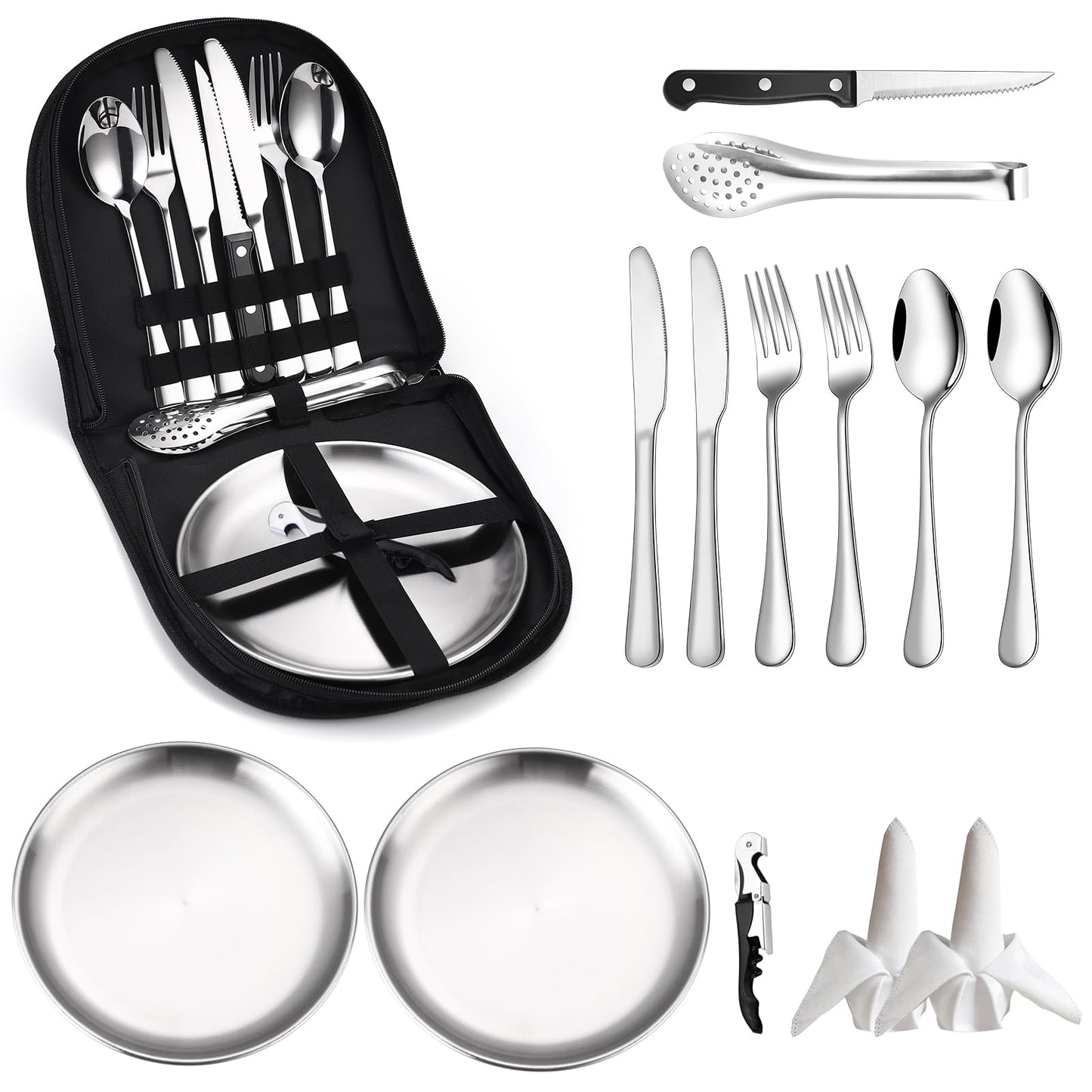 Camping Silverware Kit Cutlery Organizer Utensil Picnic Set - 13 Piece Mess Kit for 2 - Stainless Steel Plate Spoon Clip and Serrated Knife Wine Opener Fork Napkin Hiking - Camp Kitchen BBQ’s