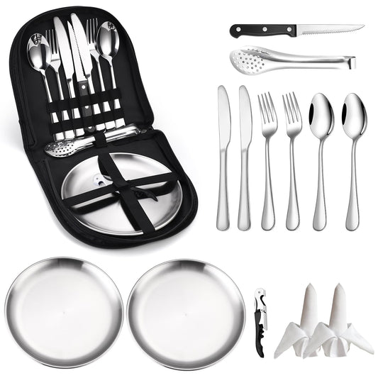 Camping Silverware Kit Cutlery Organizer Utensil Picnic Set - 13 Piece Mess Kit for 2 - Stainless Steel Plate Spoon Clip and Serrated Knife Wine Opener Fork Napkin Hiking - Camp Kitchen BBQ’s