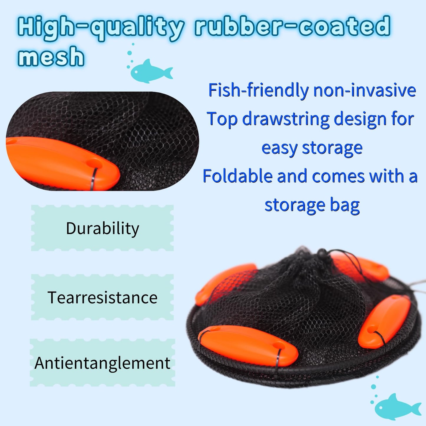 2Pcs Foldable Floating Fish Basket Fishing Basket Live Caught Fish for Kayak Fishing Accessories with Storage Bag Rubber Coated Netting and Nylon Netting Satisfy All Your Needs with Two Sizes