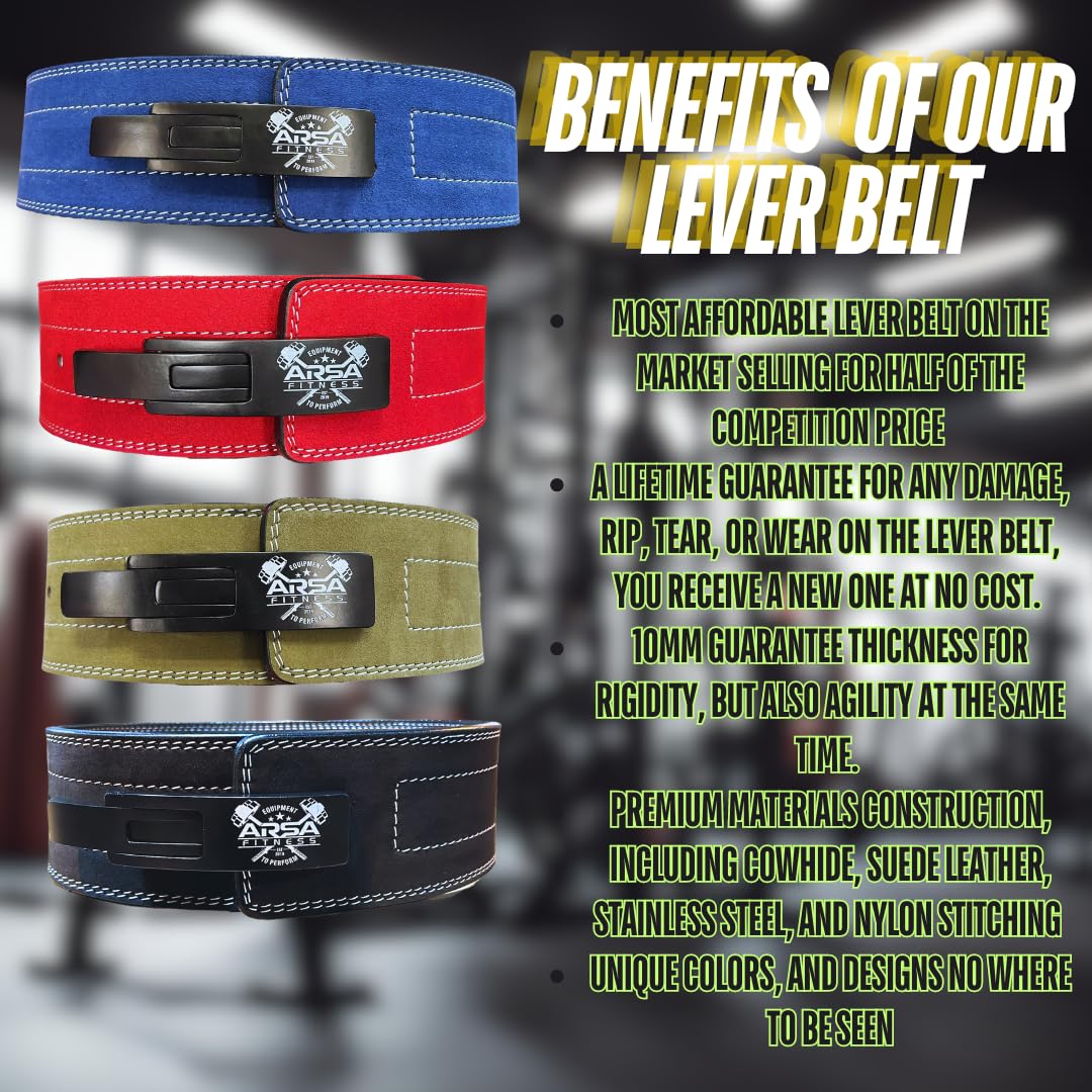 Arsa Fitness Weightlifting Adjustable Lever Belt for Men & Women Real Suede Hide Leather for Powerlifting Back Support Workout Deadlifts Squats 10MM Thickness 4" Width (GREEN, X-Large)