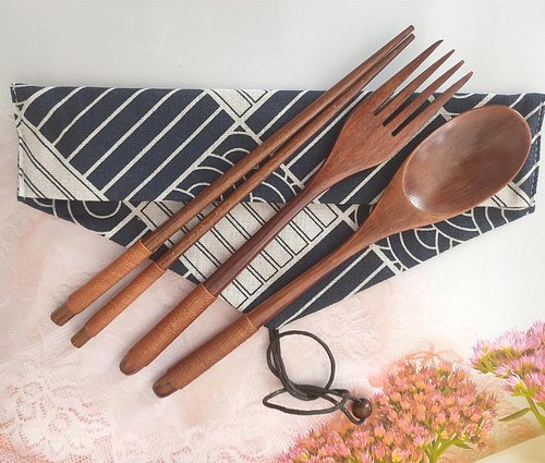 Wooden Cutlery Set Chopsticks Spoon Fork with Tied Line, Bamboo Outdoor Camping Travel Utensils Reusable Tableware Spoon for Eating with Cloth Bag (4 Pack)