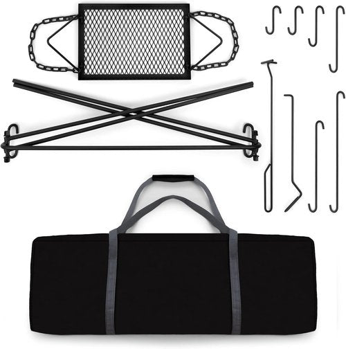 Bruntmor Grill Swing Campfire Cooking Stand BBQ Grill for Cookware & Dutch Oven Adjustable Collapsible Legs with Hooks & Accessories & Carrying Case Black