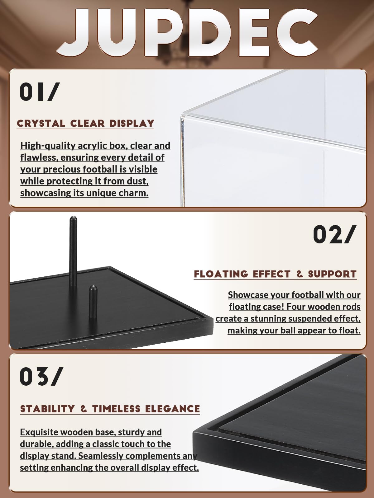 JupDec Football Display Case Full Size, Acrylic Clear Box with Wood Stand, UV Protected Memorabilia Holder, for Football Fans & Collectors, Sports Collectibles, No Assembly Required, Black