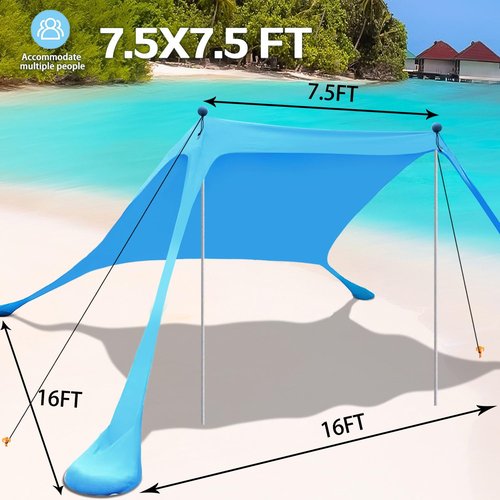 BRONOM Beach Canopy Beach Tent Sun Shelter 7.5X7.5 FT Beach Shade Canopy UPF50+ Sun Protection Windproof Ropes Carry Bag Easy to Setup for Family Outdoor Camping
