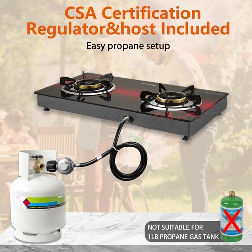 BesNerg Propane Stove 2 Burner Gas Stove, 28800 BTU High-Efficiency Auto Ignition Tempered Glass LPG Cooktop with CSA Regulator and Hose – for Outdoor Camping, RV, and Emergency Cooking