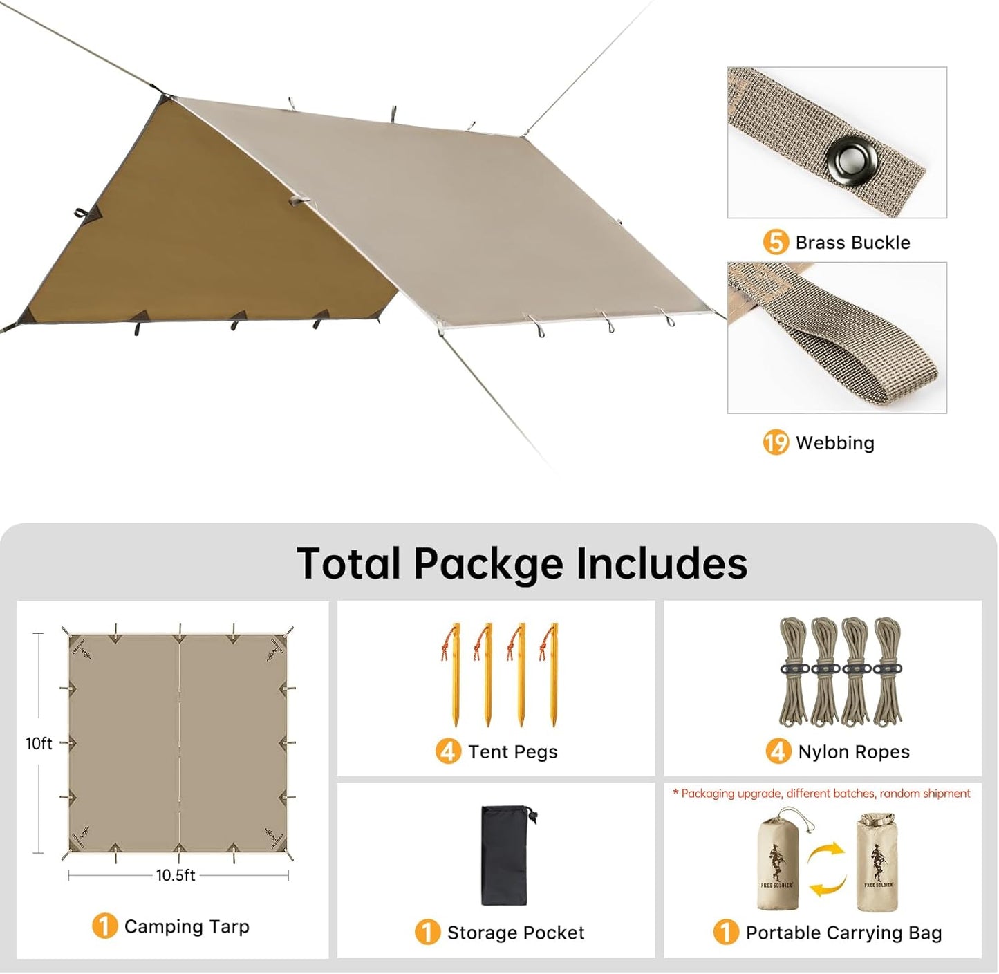 FREE SOLDIER Waterproof Portable Tarp Multifunctional Outdoor Camping Traveling Awning Backpacking Tarp Shelter Rain (Brown 10×10.5ft)