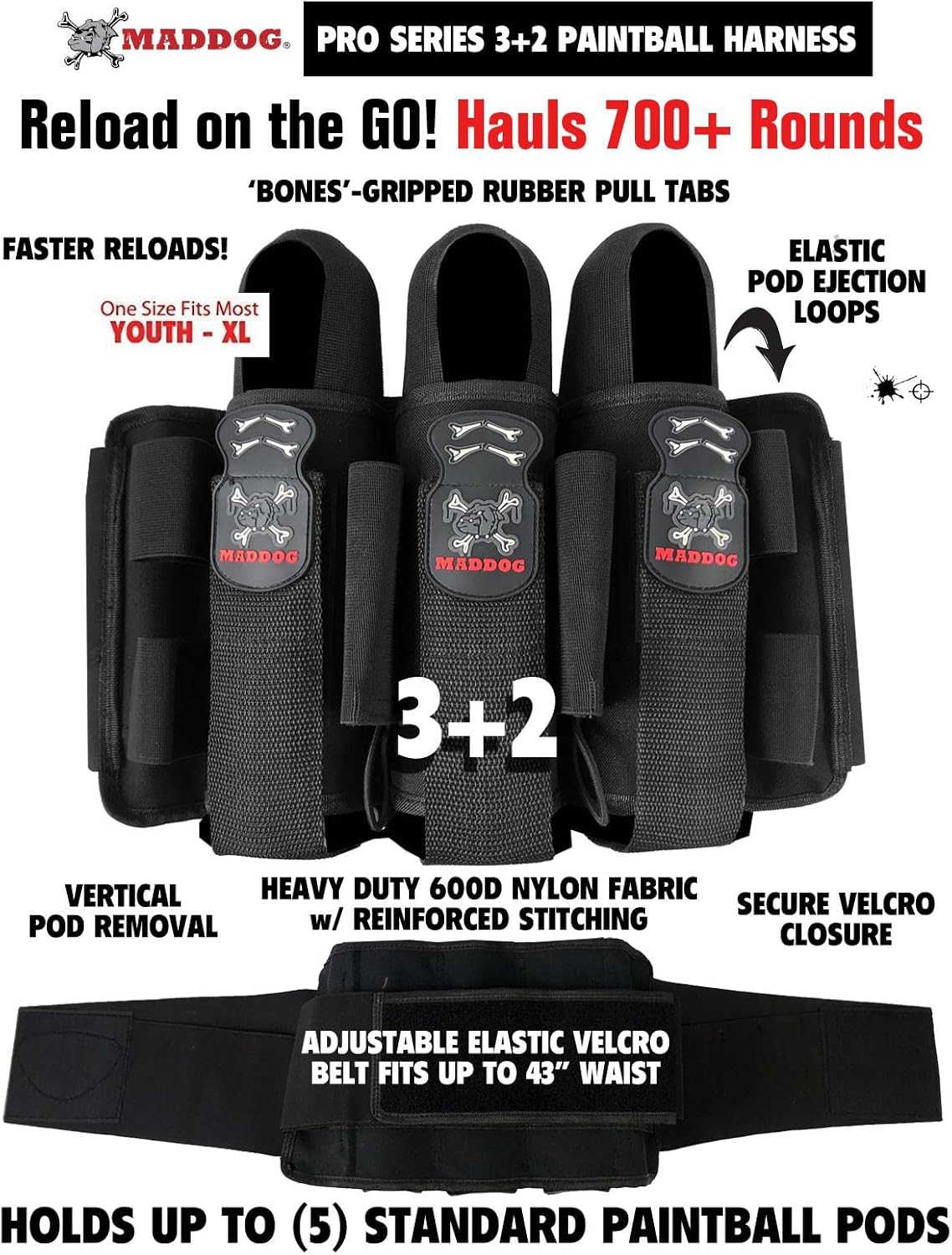 Maddog Pro 3+2 Paintball Harness Pod Pack | Pod Ejection | Adjustable Elastic Velcro Belt
