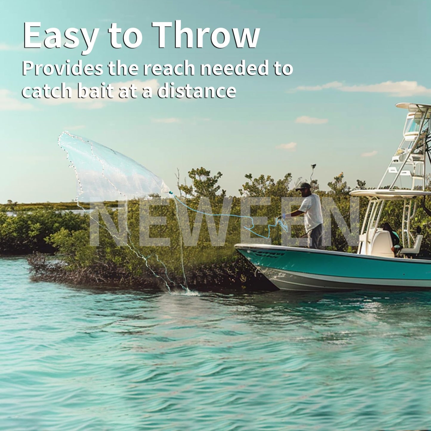 Neween Cast Net for Fishing with Shrimp Cage, American Freshwater Saltwater 3/4/5/6/7/8/9/10Ft Radius Casting Net Bait Trap Fish, Heavy Duty Zinc Sinker, 3/8 Inch Mesh Size