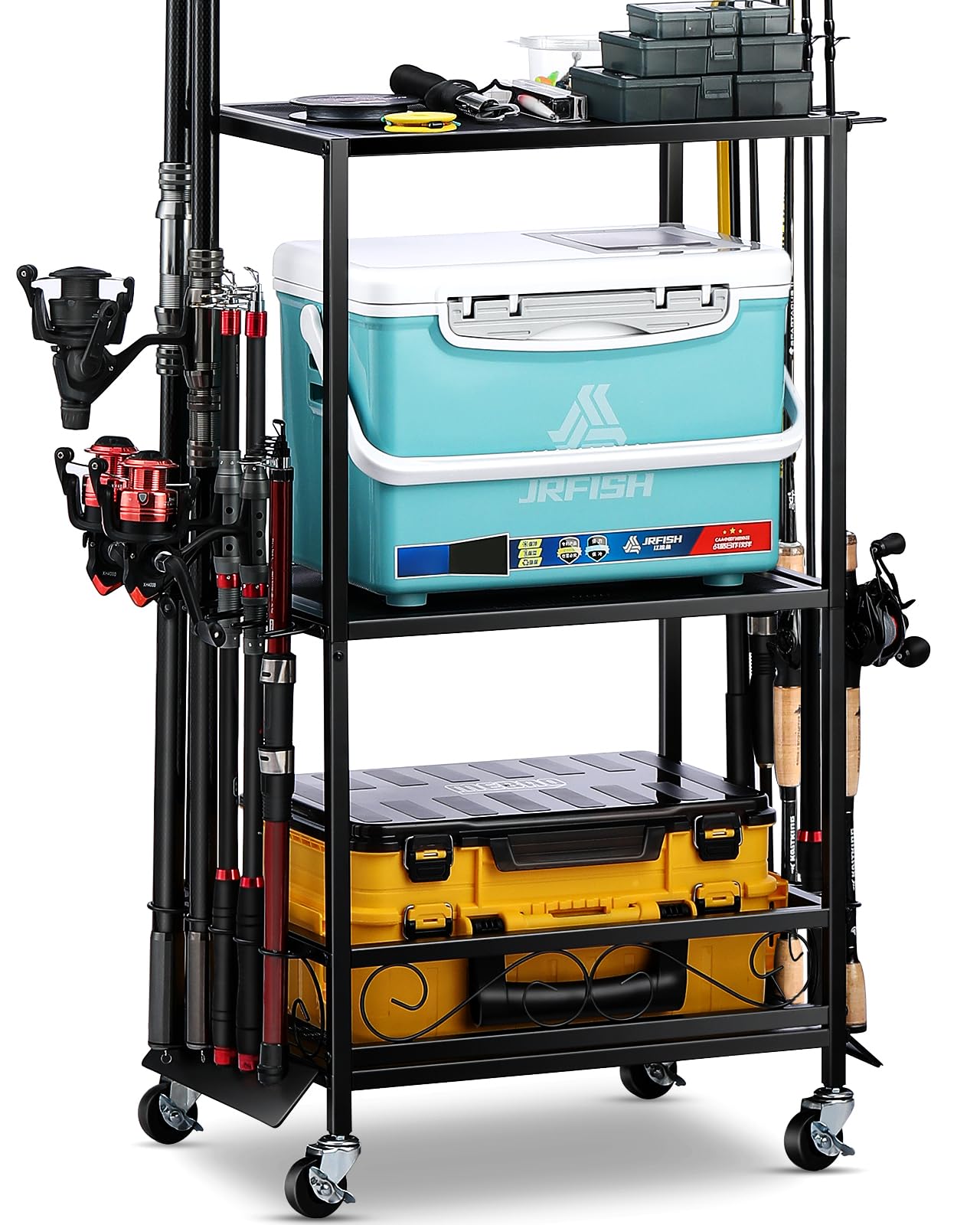 EXTCCT Fishing Rod Holder - Fishing Pole Rack for 10 Rods - Adjustable Height Fishing Gear Equipment Organizer Storage Solution for Garage Basement or Indoor