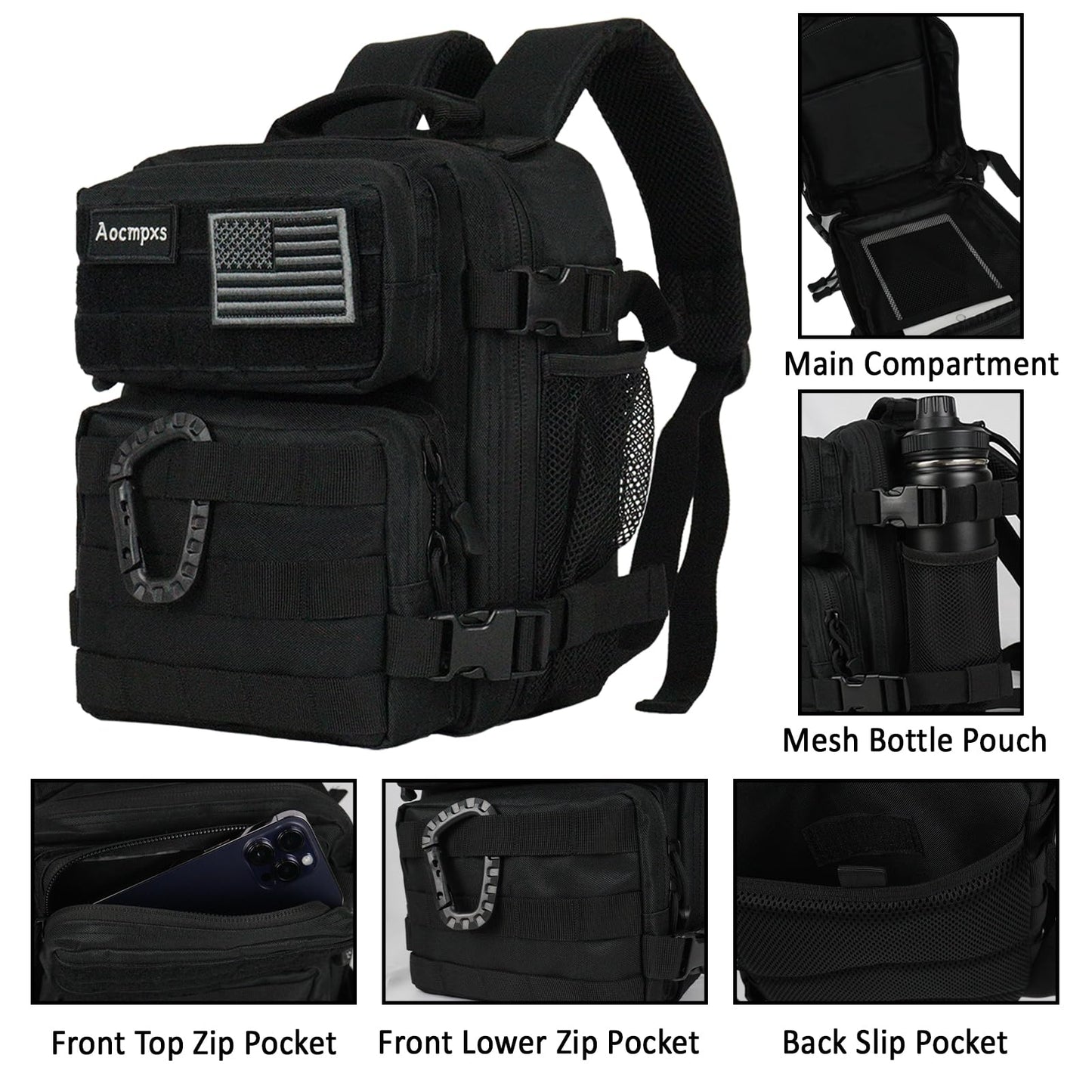 Aocmpxs Mini Tactical Backpack, 9L Small Gym Backpacks Sport Bag for Men Women Molle Military Pack with US Flag Patch and Carabiner (Black)