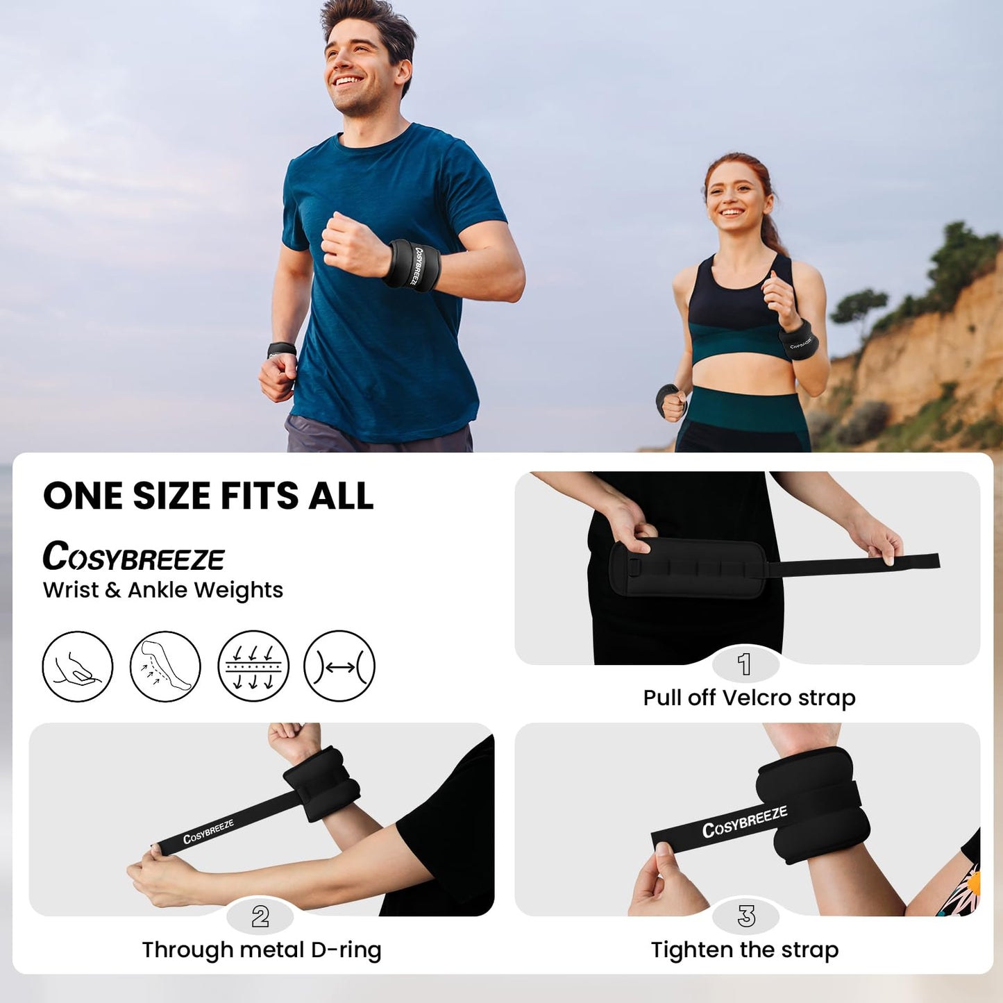 Ankle Weights 2LB 1 Pair Wrist Leg Arm Weights for Women Men, Strength Weighted for Walking, Running, Jogging, Fitness, Gym Workout - Black