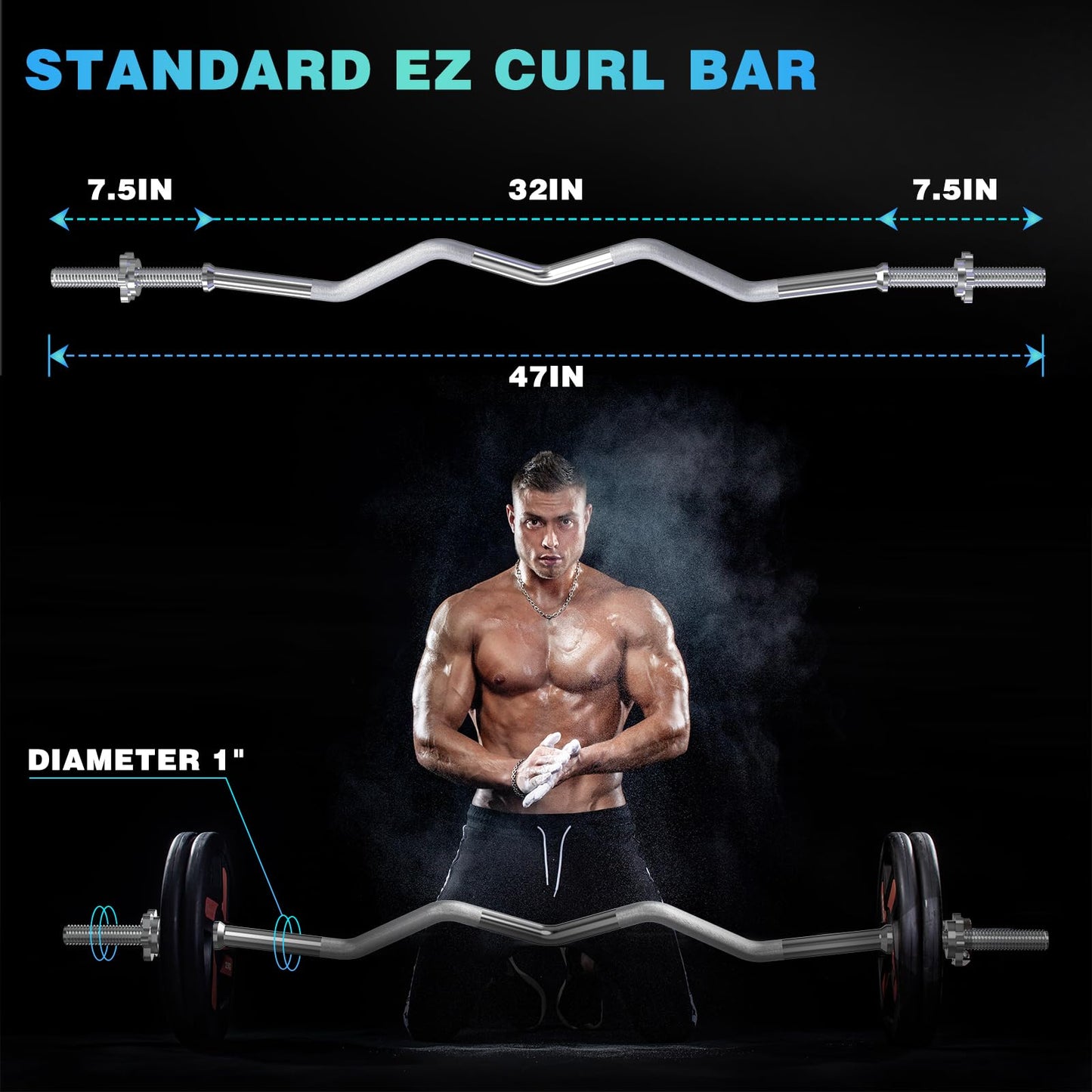 47" EZ Curl Bar Weight Lifting Bar, Standard Barbell Bar for Hip Thrusts/Squats/Lunges for Gym and Home, 1-inch Curling Bars for Weightlifting with 2 Star Collars (300lb Weight Capacity)
