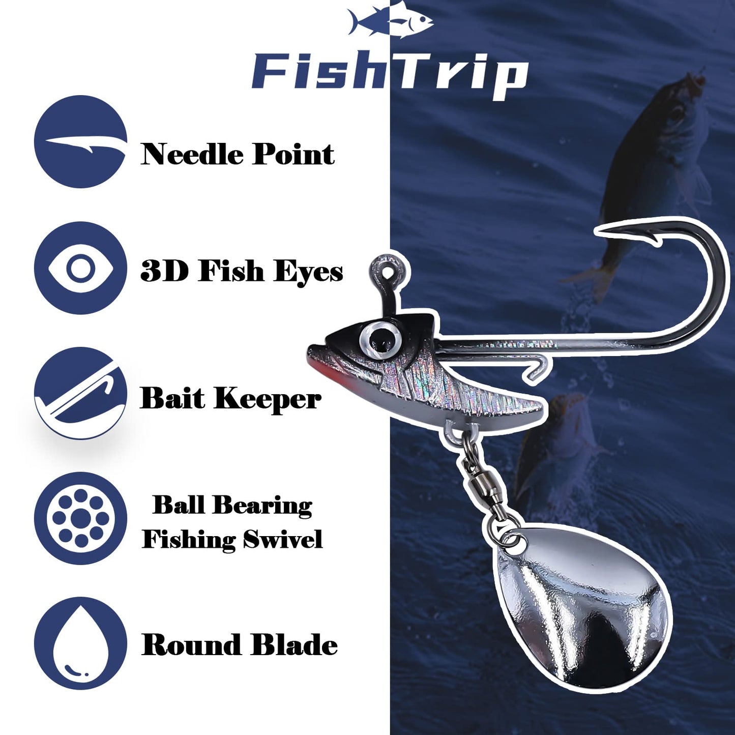 FishTrip Underspin Jig Heads Hooks - 1/4 oz,3/8 oz,1/2 oz Swimbait Jig Head with Spinner Blade for Fishing Saltwater Freshwater 5pcs - 1/4 oz