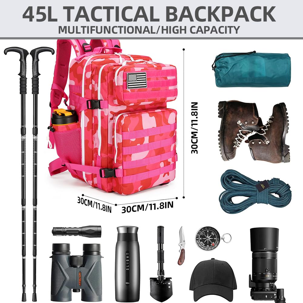 HongXingHai 45L Military Tactical Backpacks 3 Days Assault Pack Bag Fitness Rucksack Bug Out Bag Hiking Treeking (Rose Red CP)
