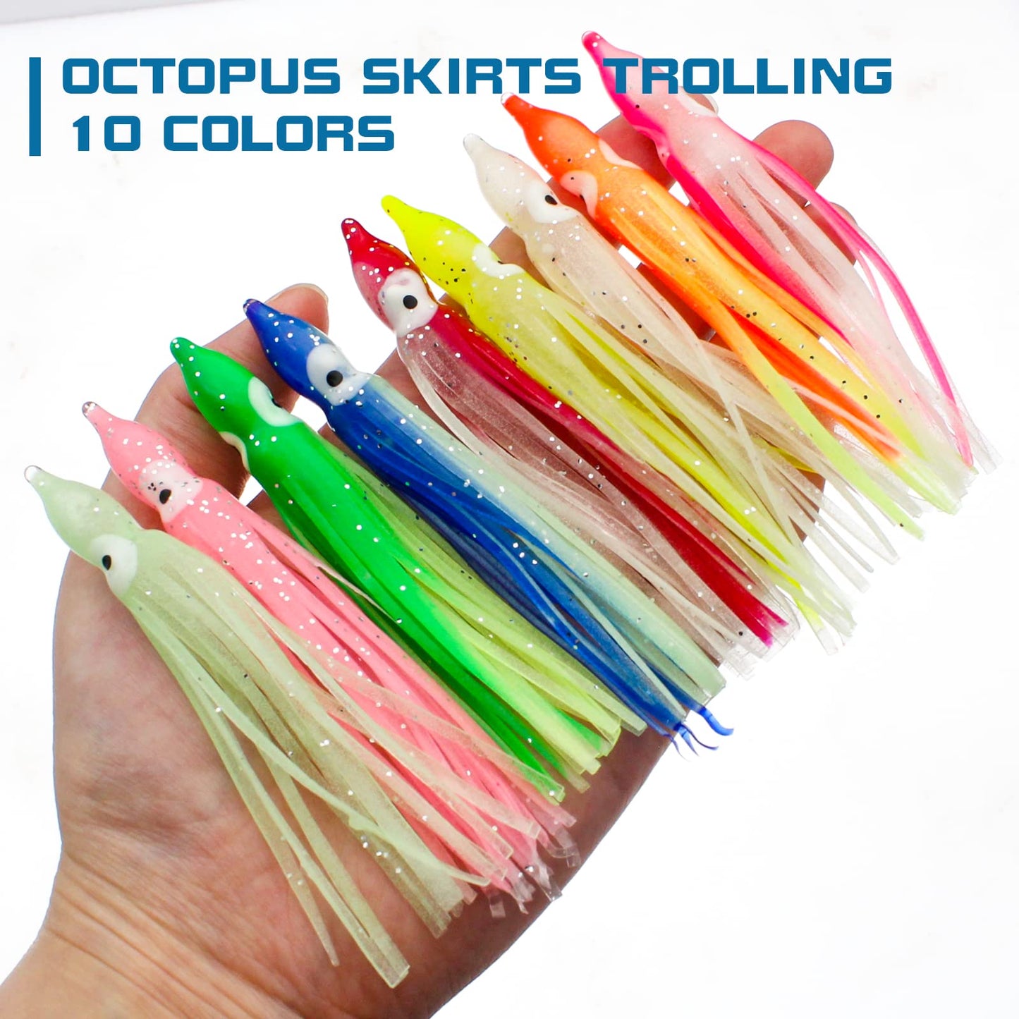 Gefischtter 50PCS Squid Swimbait Fishing Soft Plastic Lures Glow Octopus Skirt Worm Lure Kit for Sea Fishing (3.54in)