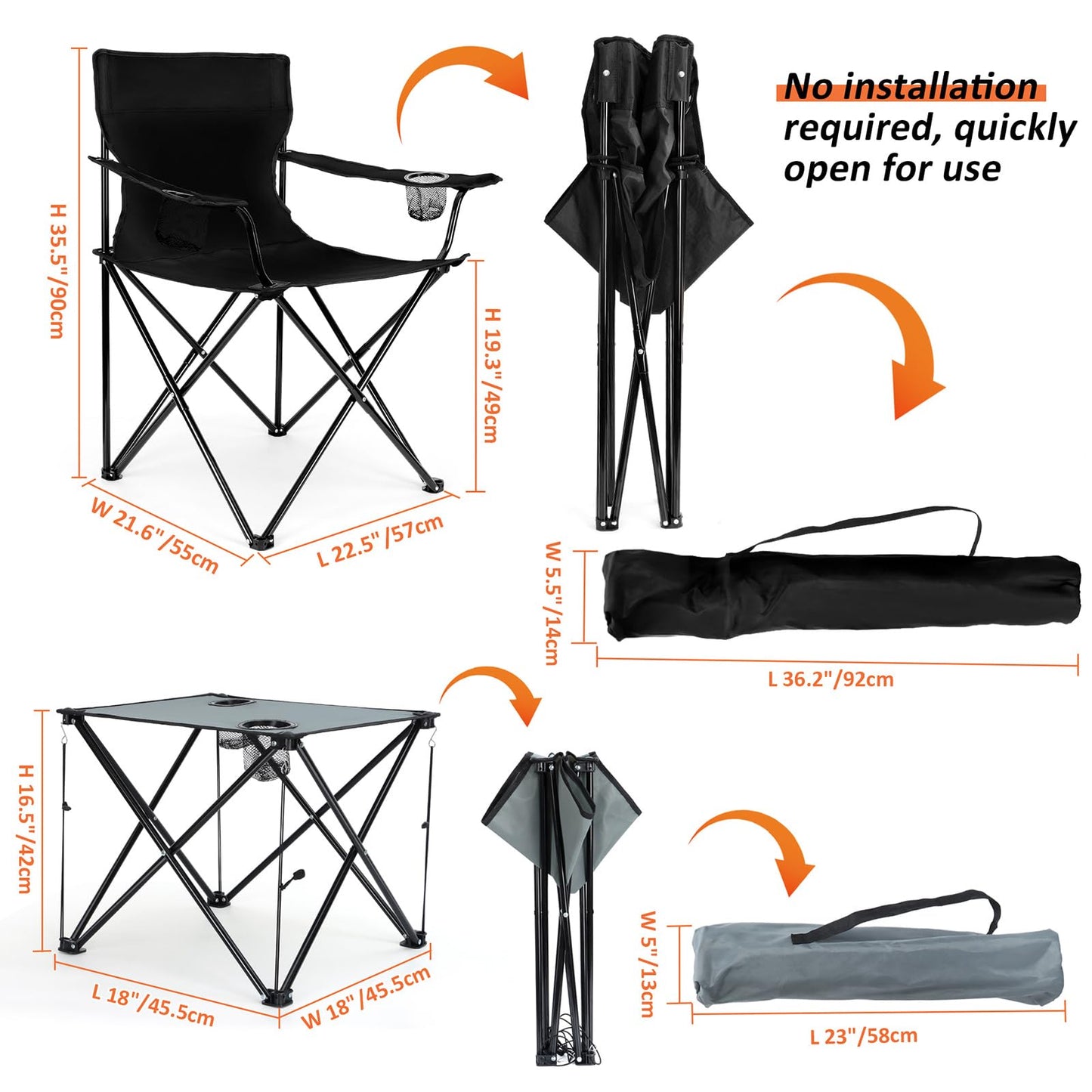 Leonyo 2 Pack Camping Chairs for Adults, Lawn Chairs with Table, Heavy Duty Folding Chairs for Outside Oversized & Comfy Sports Chair for Adults Fishing, Beach, Patio, Hiking, Lawn, Travel - Black