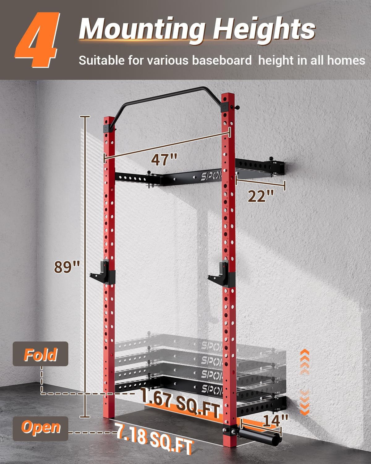 Folding Squat Rack Wall Mounted for Home Gym Garage, 1000 Pounds Capacity, 2.36" x 2.36" Power Rack with Pull Up Bar, J-Hooks and 360° Landmine