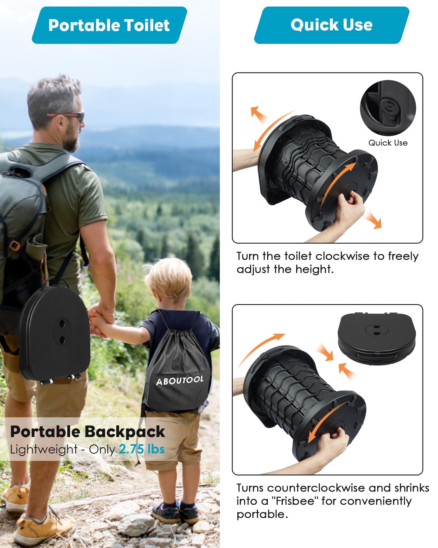 Aboutool 2 Pack Portable Toilet for Adults, Adjustable Height Camping Toilet, Emergency Toilet for Car, Travel, Camping, and Hiking, Comfortable Portable Potty for Adults with 20 Bags