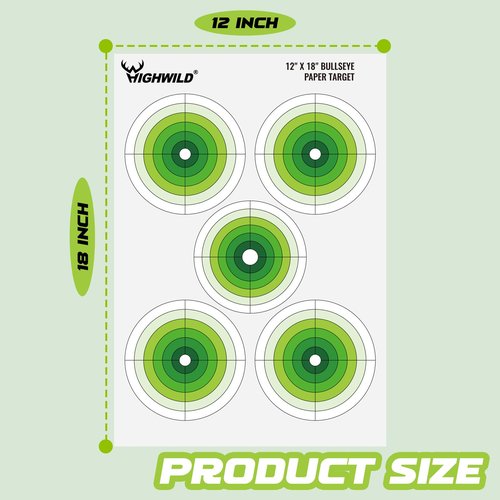 Highwild 12X18 Inch Bullseye Paper Target for Shooting Range Training - 5 Unique Patterns, Suitable for Pistols, Rifles, Airguns - Practice and Improve Your Aim (50)