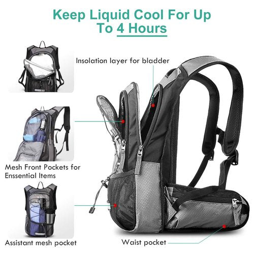 Mothybot Insulated Hydration Backpack Pack with 3L BPA Free Leak Proof Water Bladder, Large Storage Lightweight Hiking Daypack with Waist Pouches & Cooler Layer, for Running, Biking, Camping, Festival