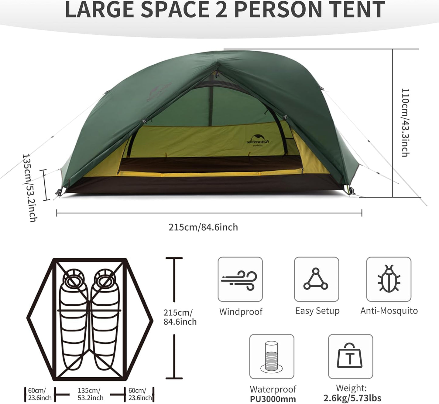 Naturehike Star River 2 Person Backpacking Tent, Lightweight Waterproof 2 Person Camping Tent, Double Layer Two Person Tents for Camping, Hiking, Cycling