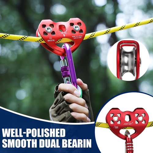 Zip Line Pulley 8-13mm Climbing Pulley Cable Rope Durable Aluminum Stainless Steel Roller Double Tandem Speed Dual Pulley 25KN for Backyard Zipline Hauling Rigging Mountaineering Rescue Climbing Gear