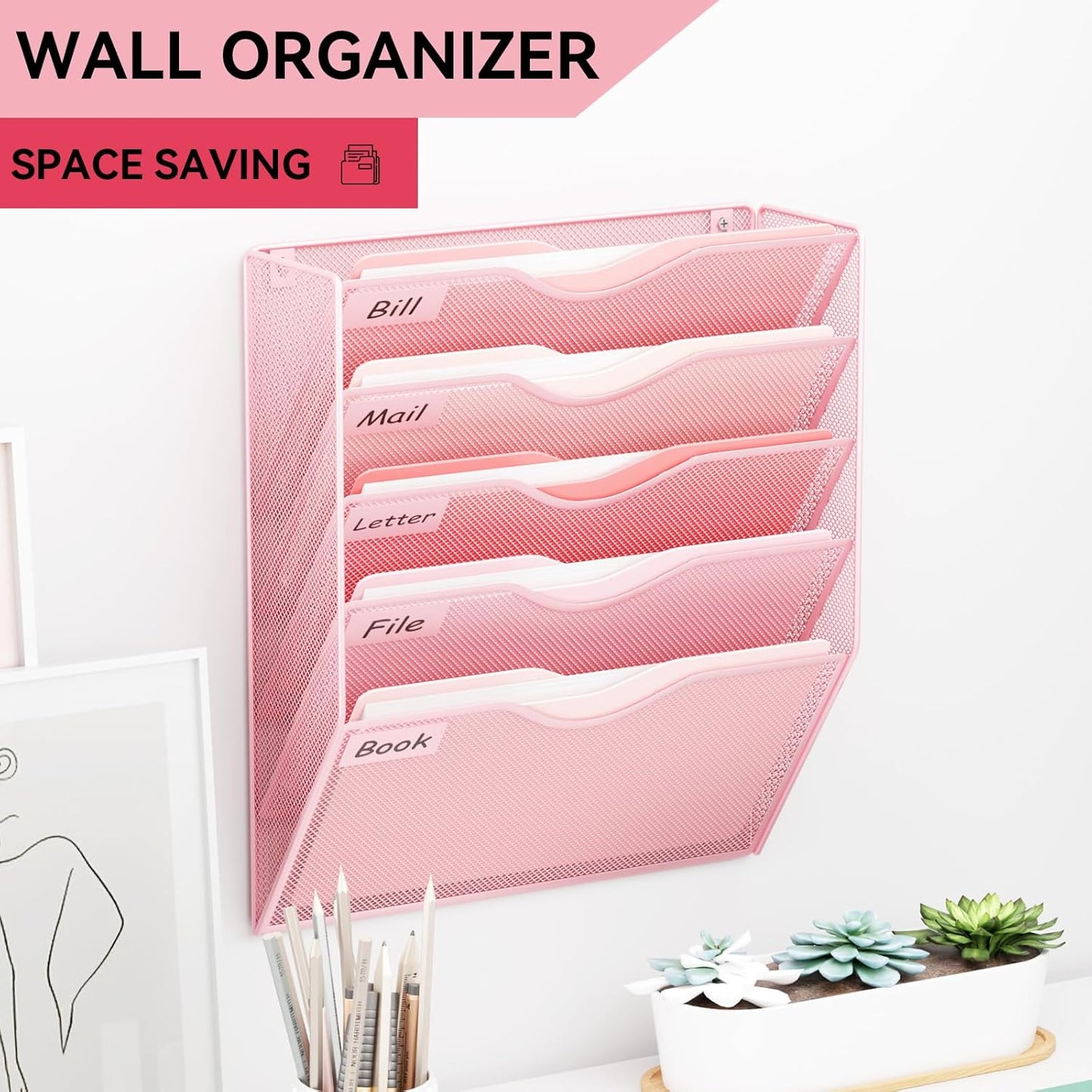 5 Pockets Mesh Hanging Wall File Holder Organizer Wall Mounted Paper Magazine Rack, Black