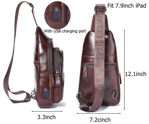 BULLCAPTAIN Mens Leather Sling Bag Backpack Casual Outdoor Shoulder Crossbody Chest Bag with USB Charging Port (Coffee)