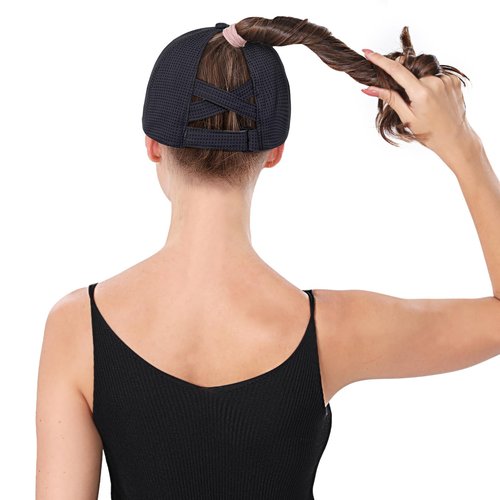 Criss Cross High Ponytail Baseball Cap for Women Lightweight Mesh Running Hat with Reflective Trim, Adjustable Fit for Sports Black
