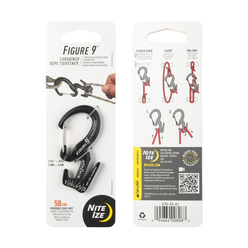 Nite Ize Figure 9 Carabiner Rope Tightener - Heavy-Duty Carabiner Clip - Cord & Rope Tightener with Wire Gate - Carabiner Camping Accessories & Tent Essentials - Small, Black (4 Pack)