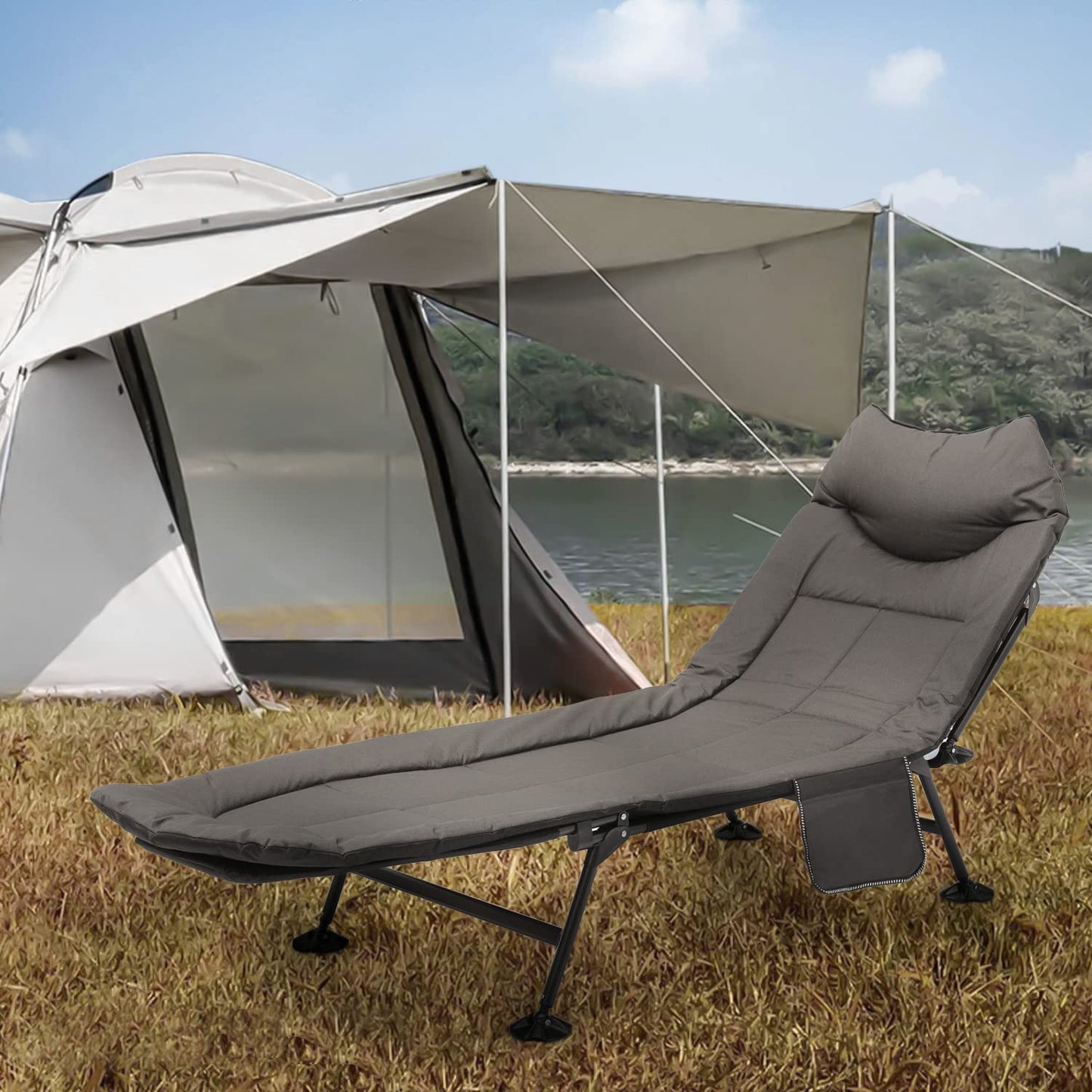 MoNiBloom Camping Beds for Adults, 180° Adjustable Reclining Outdoor Lounger Cot Bed for Sleeping with Carry Bag, Portable Camping Bed for Outdoor Camping Office Use, Supports 250 lbs