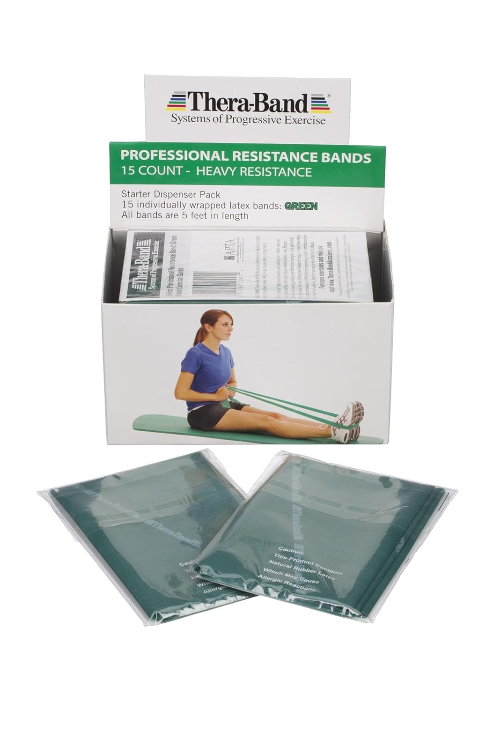 THERABAND Resistance Bands, 5 Foot, 15 Count Professional Latex Elastic Bands For Upper & Lower Body Exercise, Physical Therapy, Pilates, At-Home Workouts, & Rehab, Heavy Green, Intermediate, Level 3