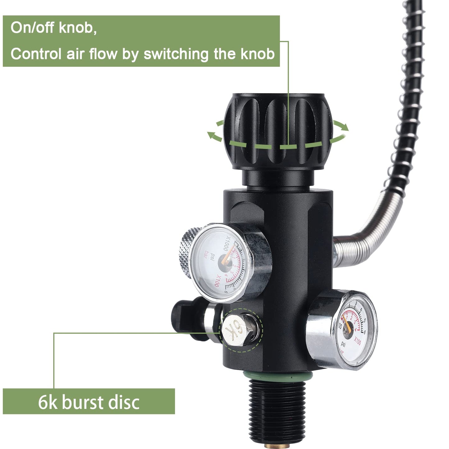 7/8-14UNF thread 4500psi Paintball Fill Station PCP Air-gun Charging Valve Dual Gauge Valve Air Tank Valve with 20 Inch High Pressure Hose (Non Regulated) for Cylinder Charging System