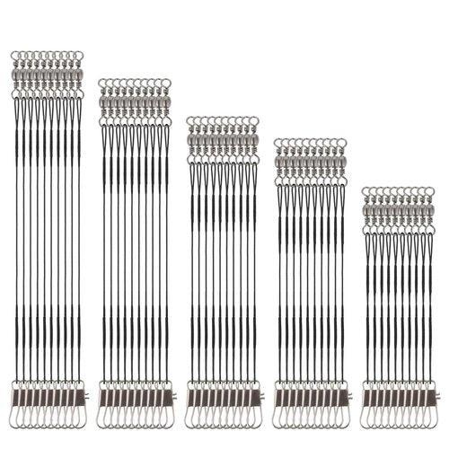 Giantree 50 Pcs Fishing Leaders, Stainless Steel Fishing Leaders with Snap and Swivel, Anti bite Stainless Steel Wire Leaders Fishing Leader Line for Fishing Rigs Saltwater and Freshwater(Black)