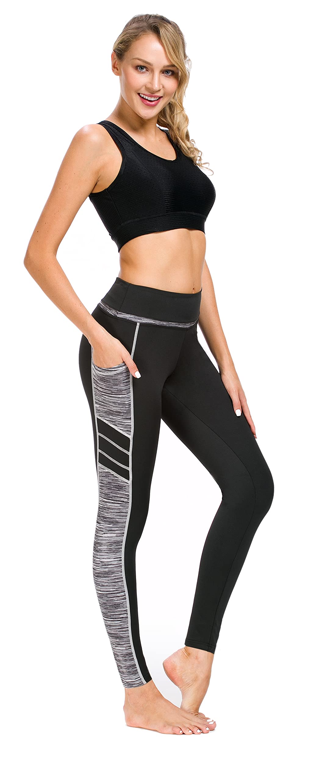 Sugar Pocket Women's High Waist Yoga Leggings Tummy Control Workout Running Pants with Side Pockets LS(Black/Grey)