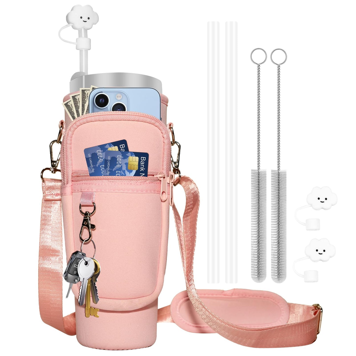 7 PCS Water Bottle Carrier Bag with Phone Pocket for Stanley Cup 40oz Accessories with 2 Straw Covers 2 Straws 2 Brushes Neoprene Water Bottle Holder Pouch with Adjustable Shoulder & Hand Straps