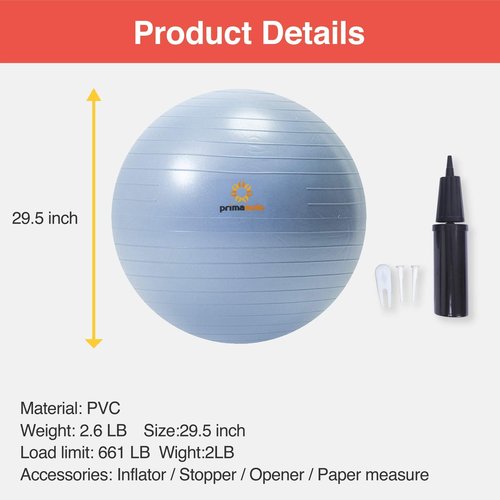primasole Exercise Ball-Yoga Ball for alance Stability Fitness Workout Yoga Pilates at Home Office & Gym Birthing Ball for Pregnancy, Office Ball Chair. Home Gym Size 75CM 29.5inch