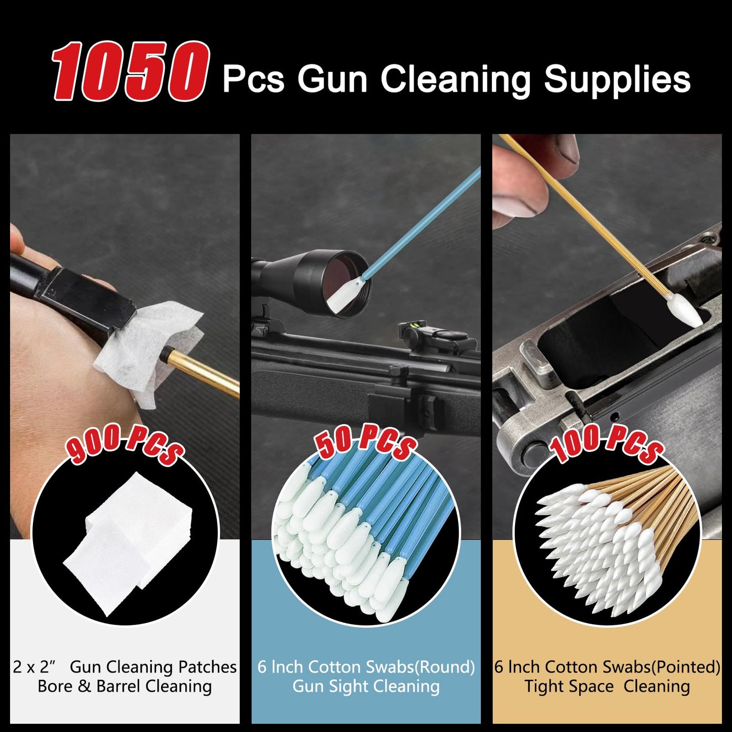Garrelett Gun Cleaning Supplies - Include 900 Pcs 2x2 Patches, 100 Ct 6-Inch Gun Cleaning Swabs, Convenient Storage Case for Firearm Maintenance