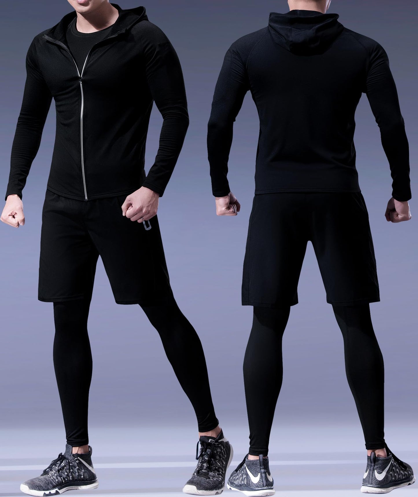 Holure Men's Sports Running Set (Pack of 5) Athletic Shirt+Short/Compression Shirt+Pants with Coat Tracksuit Gym Suits Grey 04 L