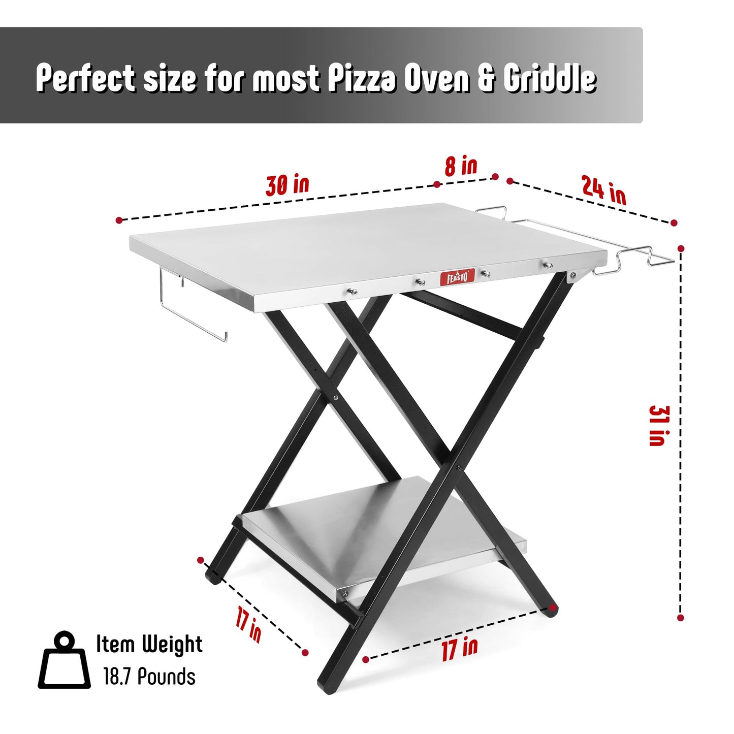 Feasto Outdoor Grill Table, Foldable Pizza Oven Stand & Griddle Stand with Garage Rack & Tissue Holder, Folding Outdoor Prep Table for Gathering and Party, 30" x 24", Stainless Steel