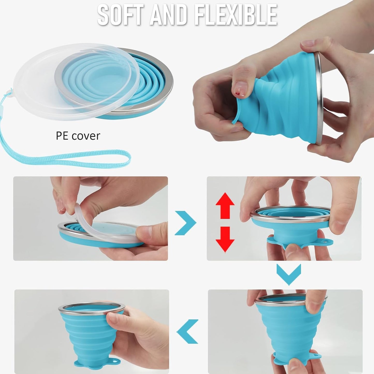 JBER Silicone Collapsible Travel Cup, 4 Pack Silicone Folding Camping Cup with Lids Expandable Drinking Cup Set BPA Free Reusable Portable Graduated for Outdoor Hiking Travel