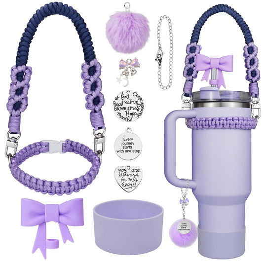 10 Pcs Stanley Cup Accessories Set for 40 oz Tumbler, Stanley Straw Cover Topper, Stanley Boot Strap Holder Lanyard, Fluffy Chain, Inspirational Charms, Gift for women mom (Purple and Royal Blue)