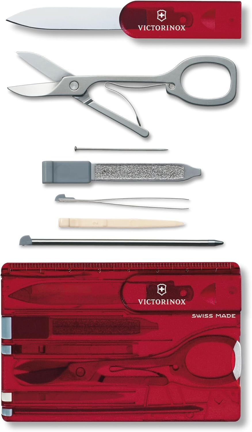 Victorinox Swiss Card Classic Swiss Army Knife, 10 Functions, Swiss Made Pocket Knife with Scissors and Pressurized Ballpoint Pen - Ruby