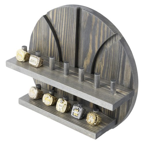 MyGift 2 Tier Basketball Ring Holder, Wall Mounted Championship Jewelry Display Case, Vintage Gray Wood Sport Rings Storage with 12 Pegs and Basketball Cutout Backing