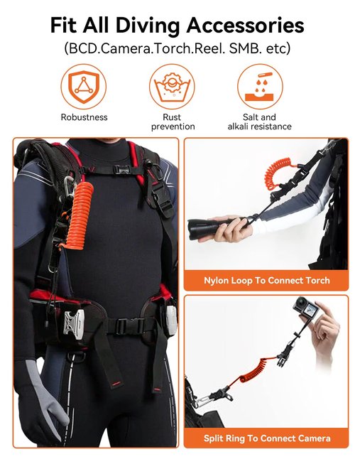 EEBBL Heavy Duty Diving Lanyard with Clip, Stainless Steel Spring Coiled Lanyard Orange