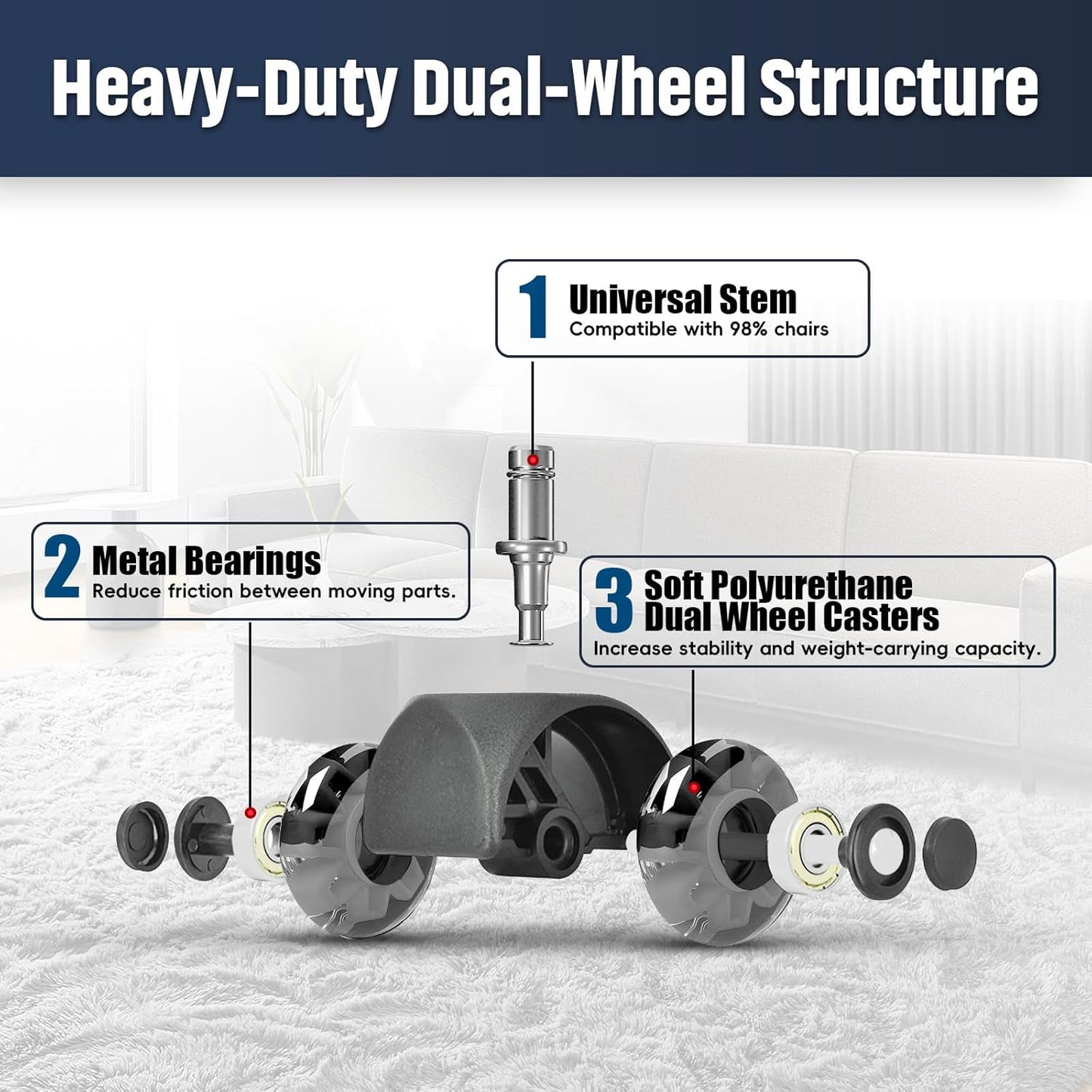 Mastery Mart Office Chair Caster Wheels for Hardwood Floors, Heavy Duty and Quiet Smooth Rollerblade Wheels for Office Chair, Universal Size (11x22mm), Suitable for Most Chairs