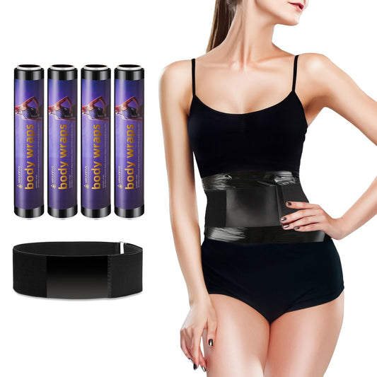 Hayunfiys 4 Rolls 60 Meters Black Osmotic Plastic Body Wrap Exercise & Fitness Sweat Enhancer Anti-Shedding Yoga Training Band Set, DIY Sauna Wrap Pilates Workout