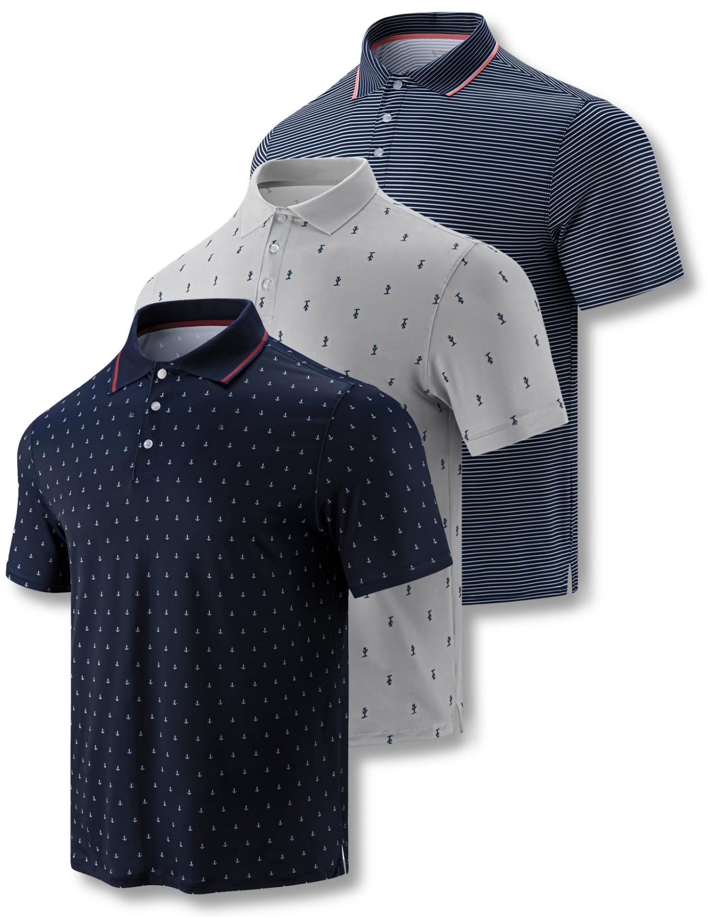 3-Pack Men's Golf Polo Shirts Short Sleeve, Dry Fit Performance Moisture Wicking Casual Print Collared T Shirts (Set 9, X-Large)