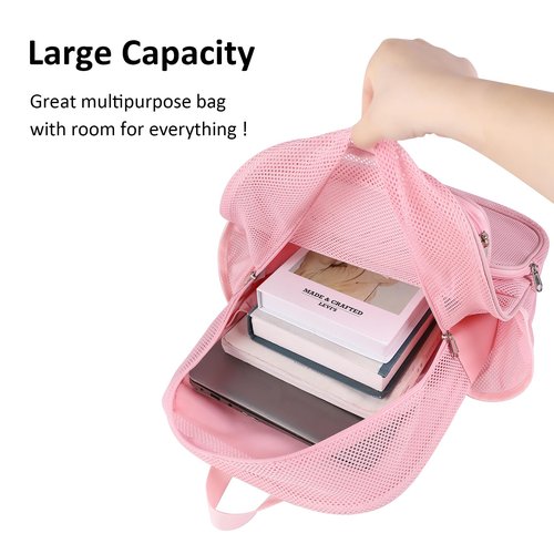 COVAX Large Mesh Bookbag, Semi-transparent College Backpack, See Through Mesh Backpack with Bungee and Comfort Padded Straps for Travel, Swimming, Beach, Outdoor Sports (Pink)